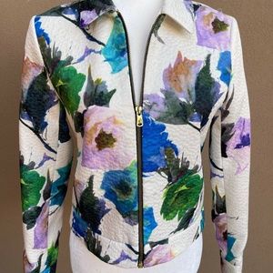 Zara Basic Ivory Jewel Tone Floral Zip Crop Jacket Small NWOT!